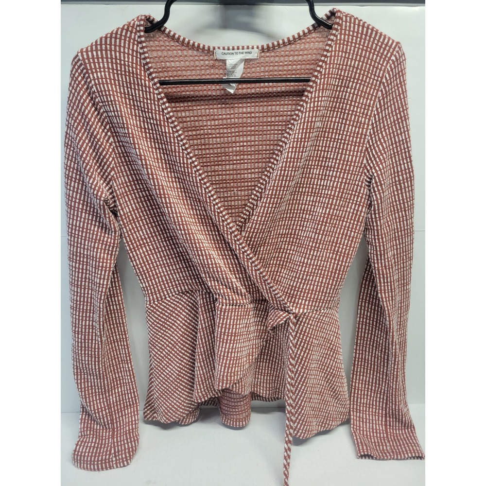 Caution to‎ the Wind Rust Grid Peplum Wrap Top Long Sleeve V-Neck Large Y2K